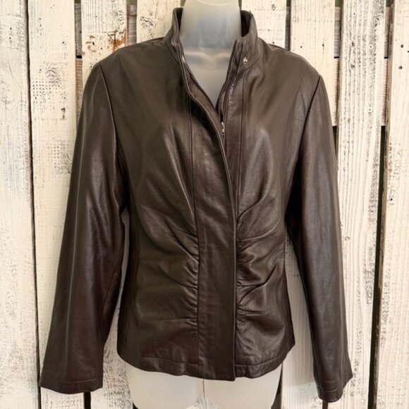 Y2K Industry Moto Buttery Leather Jacket Womens XL Chocolate Brown Ruched Front - Picture 1 of 14